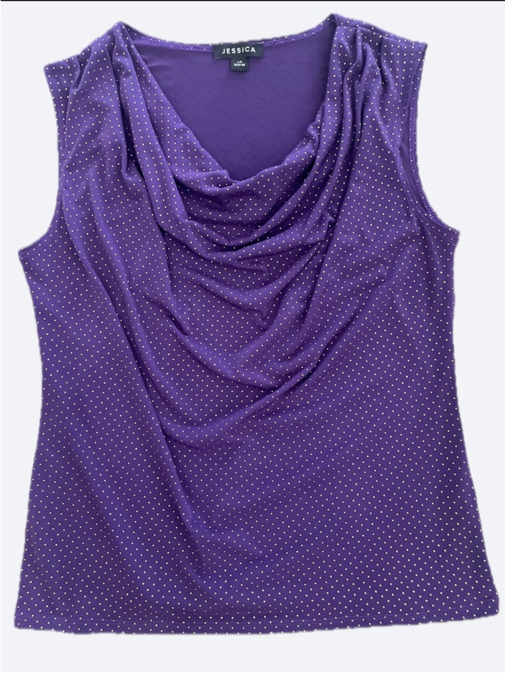 Jessica Purple Gold Dotted Cowl Neck Sleeveless Blouse Top L